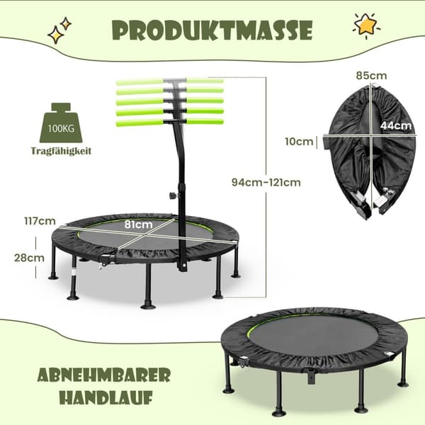 Minitrampolin med justerbart håndtag, foldbar, 110 cm