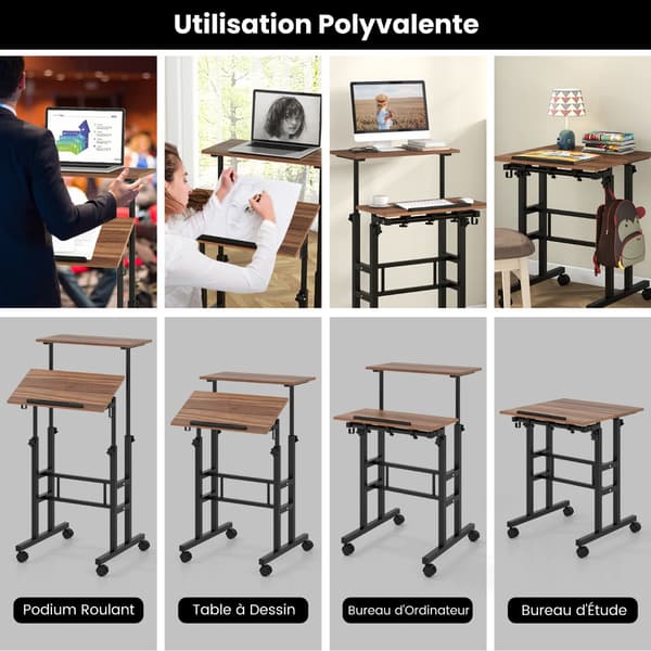 Høydejusterbart ståbord med hjul, vippebrett
