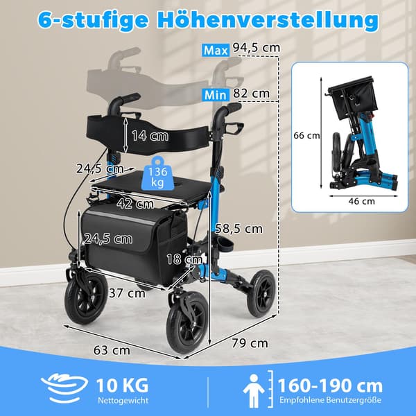 2-i-1 rullator och rullstol, hopfällbar, stöder 136 kg