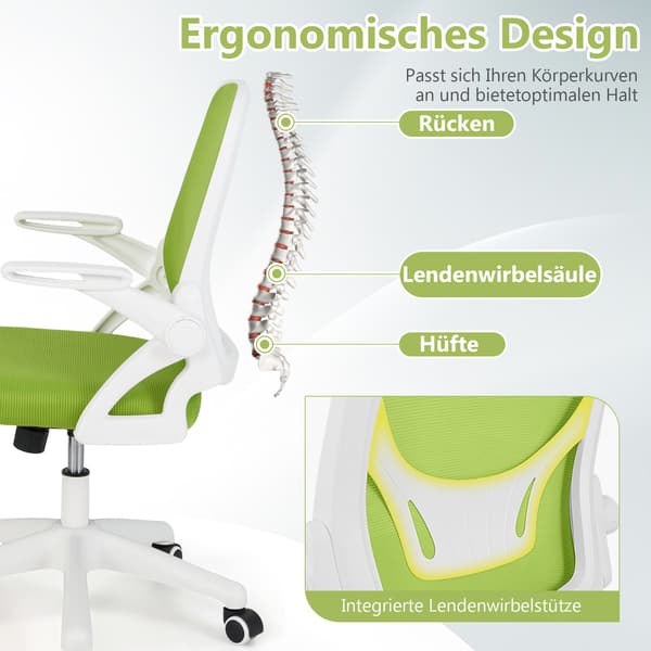 Ergonomisk kontorsstol, grön, uppfällbara armstöd, svankstöd