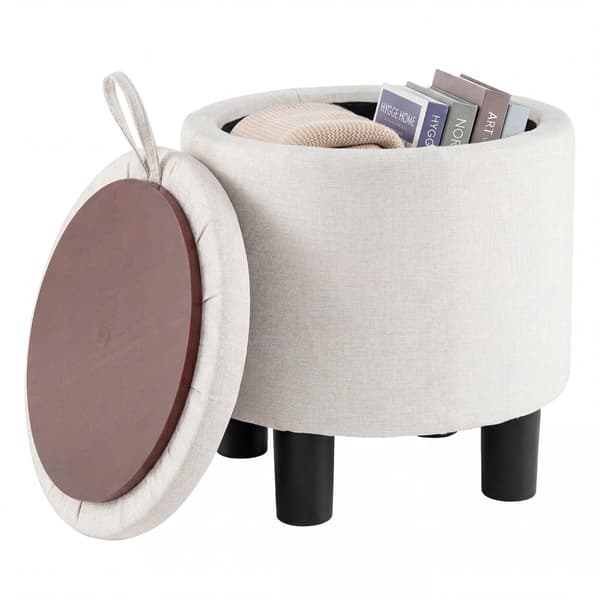 Rund lin-puff med oppbevaring, beige, Ø38 cm