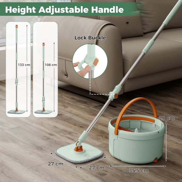 Flat gulvmopp og bøttesystem, 4 l, 360 rotasjon, grønn