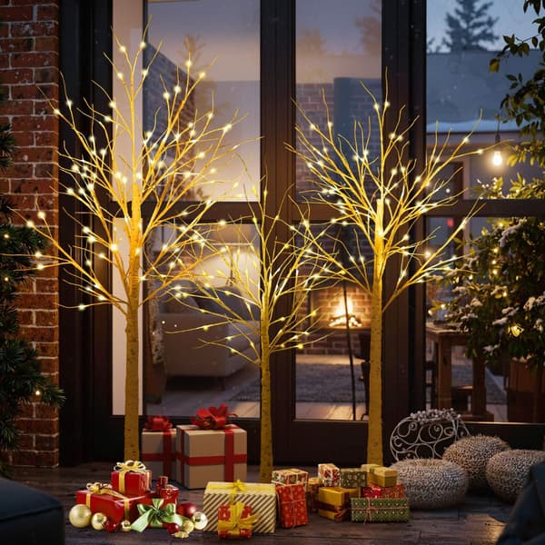 Förbelyst björkträdsset, 3-pack 120–180 cm, varma LED-lampor