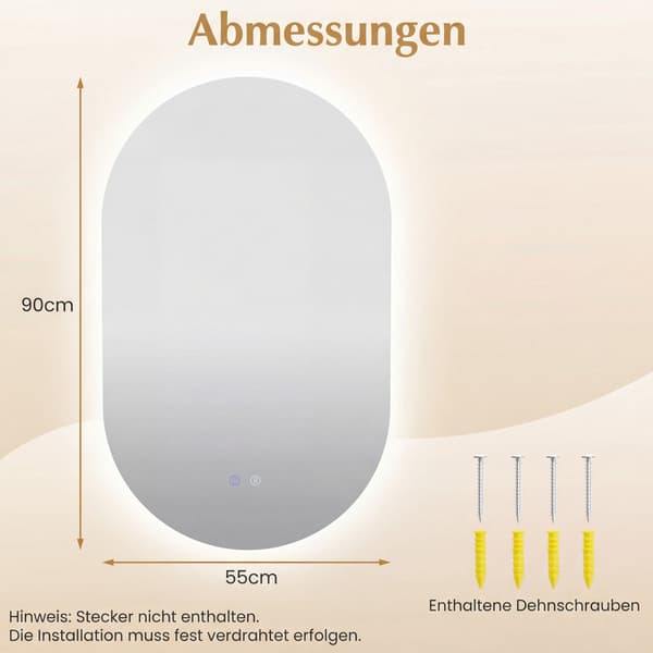 LED-baderomsspeil, 90x55 cm, antidugg, justerbart lys