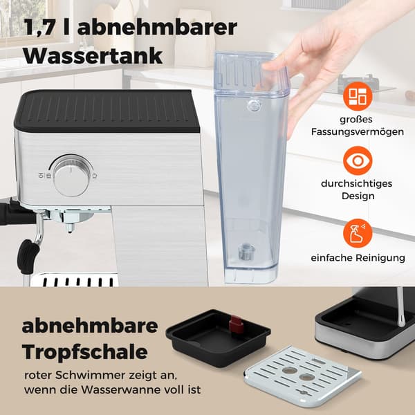 Espressomaschine med Milchaufschäumer, 20 Bar, Touchscreen, 1,7L