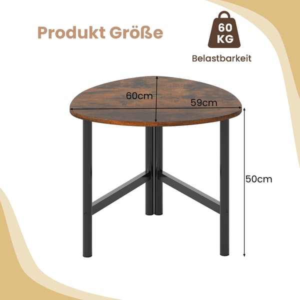 Triangulärt soffbord med metallben, rustikt brunt