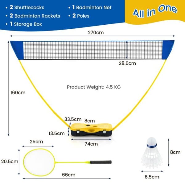 Bärbart badmintonnätset 270 cm, racketar, bärväska