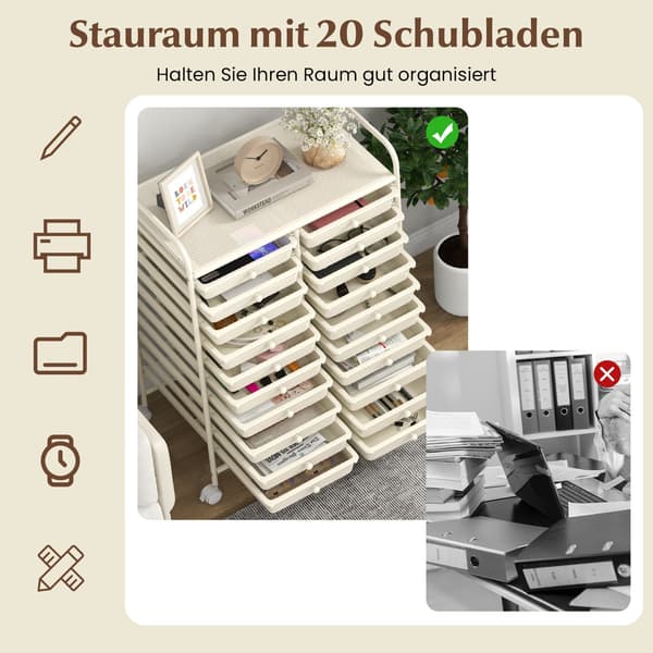 20-skuffers rullevogn med metallramme, hvit