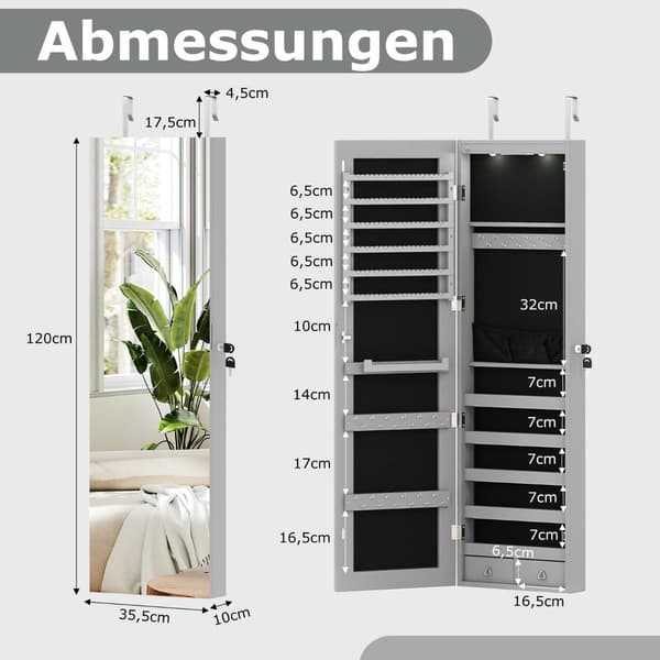 Smykkeskap med LED, speil, låsbart, grått