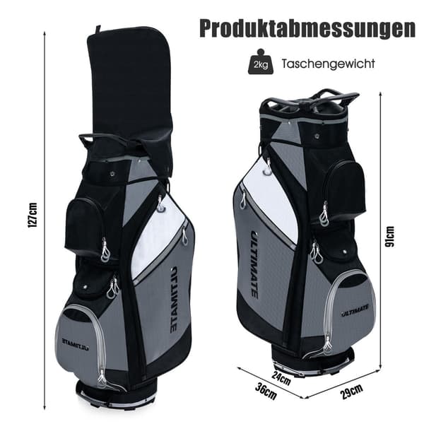Golftaske med 14 rumdelere, vandtæt lomme, sort/grå