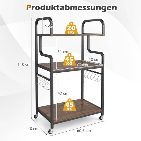 3-lags printerstativ med hjul og kroge, brun