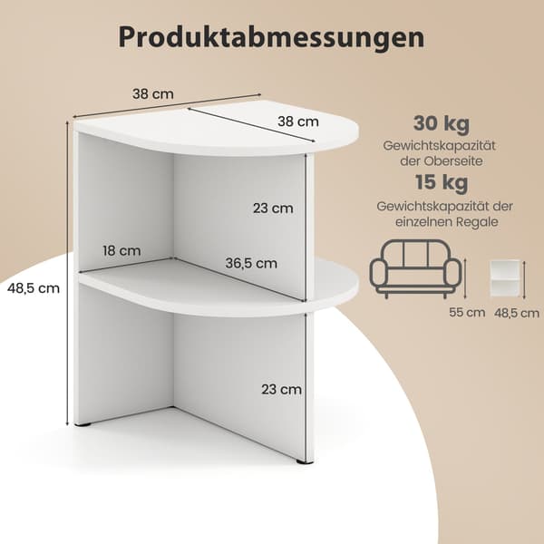 2-delt halvmåneformet sidebordsett, 2-etasjer, hvit, 38x38x48,5 cm