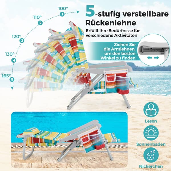 Sammenleggbart strandstolsett, justerbar ryggstøtte, blå striper
