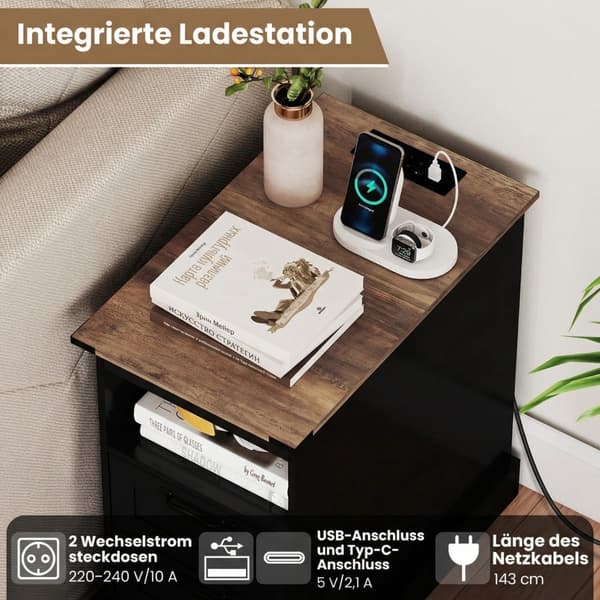 Natbord med ladestation, sort, 2 skuffer