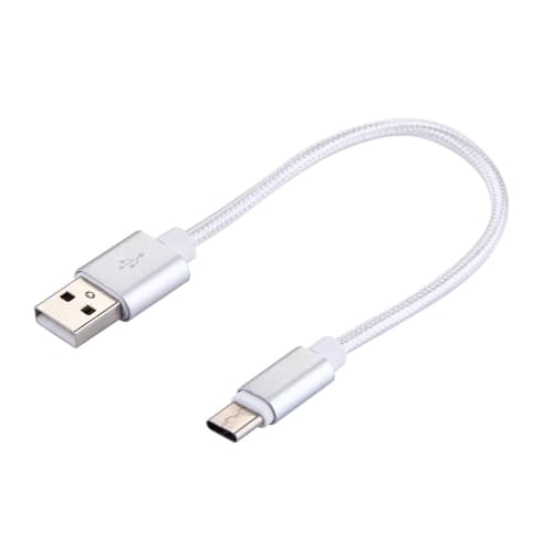 USB-C-kabel kort, 2,4A, 12W, 20cm, nylon - silver