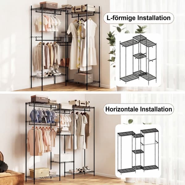 Bærbar garderobe med L-form og vandret montering, sort