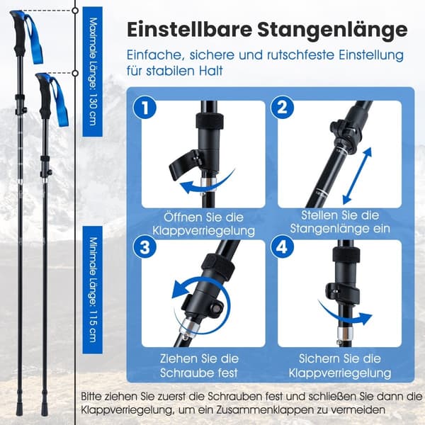 Sammenleggbare turstaver, hurtiglås, 115–130 cm, blå