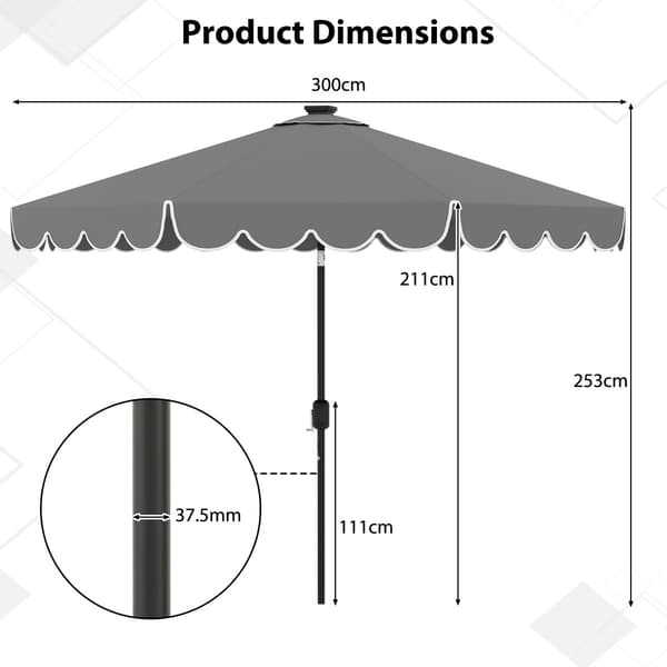 300 cm grå terrasseparasol med solcelledrevne LED-lys