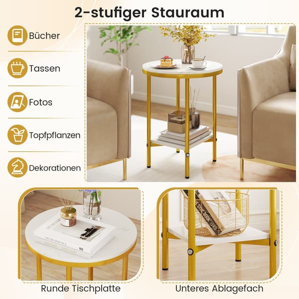 Runt soffbord med marmorlook, 2 våningar, vit/guld