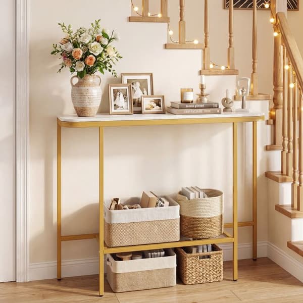 Sofakonsollbord, topp i imitert marmor, metallramme, 110 cm