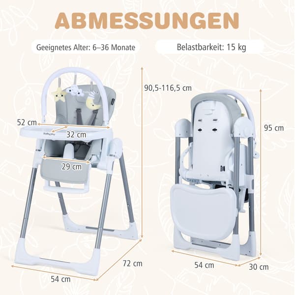 Justerbar barnstol, hopfällbar med bricka, ljusgrå