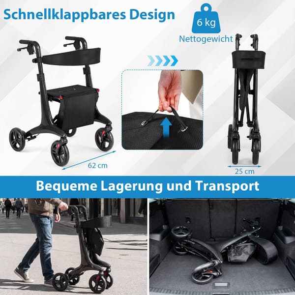 Sammenklappelig letvægtsrollator med sæde, kulfiber, sort