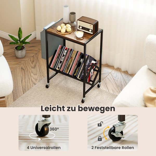 Rullende pladespillerstativ med vinylopbevaring, rustik brun