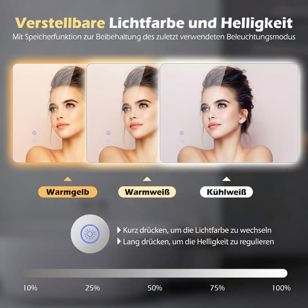 LED-baderomsspeil, 70x50 cm, antidugg, justerbart lys