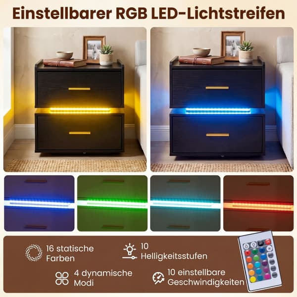 Natbord med LED-lys og ladestation, 2 skuffer