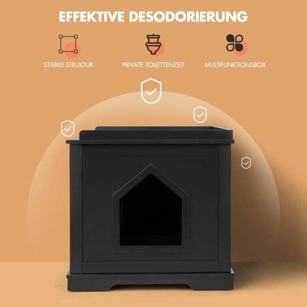 Indendørs kattehus med seng, sort, MDF, multifunktionel