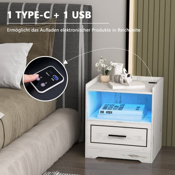 2-delt nattbordsett med LED-lys og USB-lader