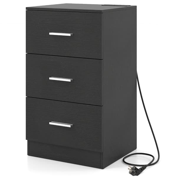 Natbord med ladestation, 3 skuffer, sort