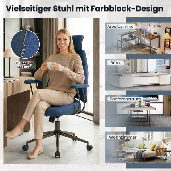 Ergonomisk kontorsstol, justerbart nackstöd, blått linne