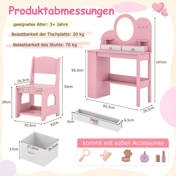 Barneservantsett med lys og stol, rosa