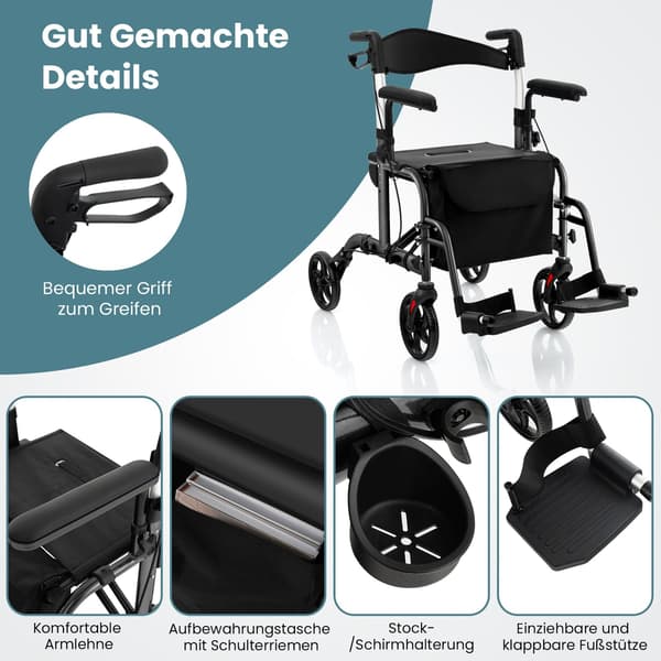 2-i-1 Rollator Gåstol & Kørestol, Sammenklappelig, Sort