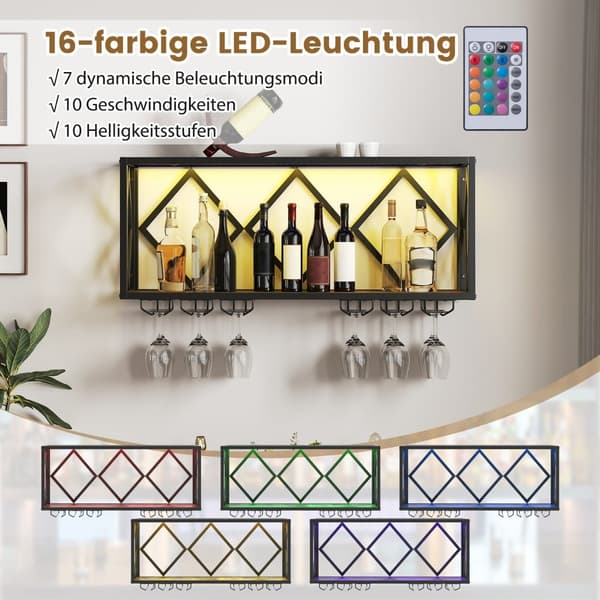 Seinälle kiinnitettävä viiniteline LED-valoilla ja lasitelineillä