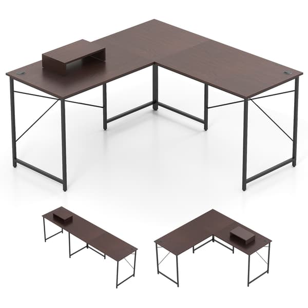 L-formet vendbart skrivebord med ladestation, brun