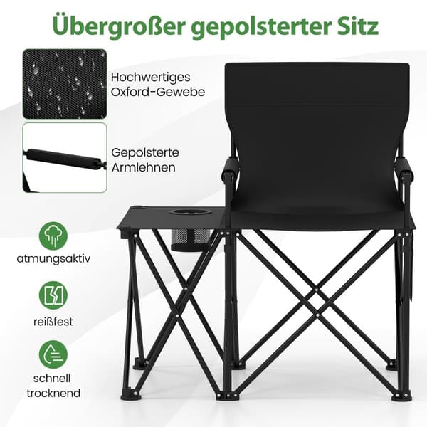 Sammenleggbare campingstoler, sett med 2, med sidebord og koppholder