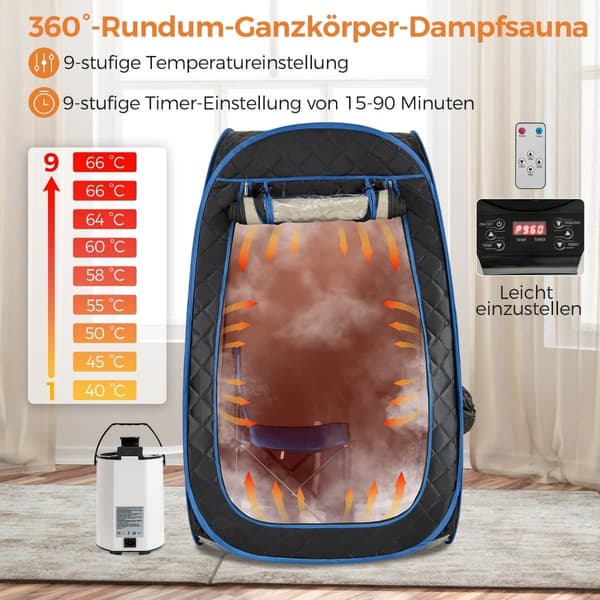Bærbar hjemmesauna med 3L dampgenerator, sort