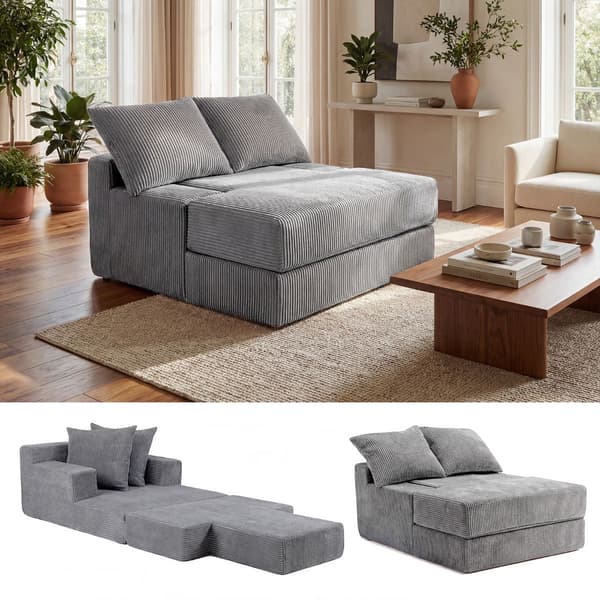Sammenleggbar sovesofa, konvertibel lenestol, grå, 2 puter