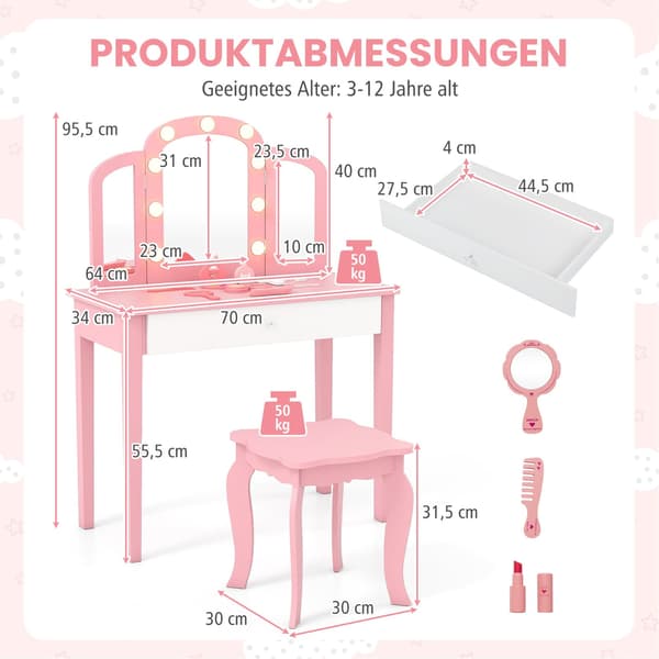 Barnmöbelset – 2-i-1-design, LED-lampor, vit