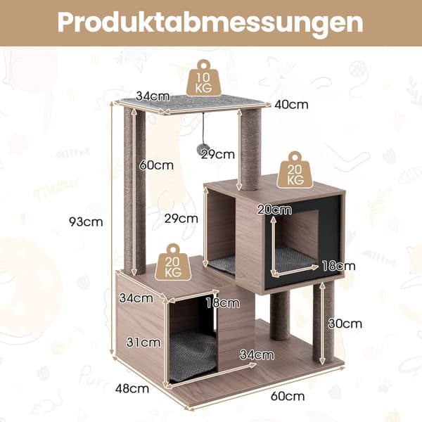 Kradsetræstårn med sisalstolper, 2 huler, 94 cm, grå