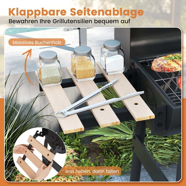 Kolgrill med fällbart sidobord och termostat