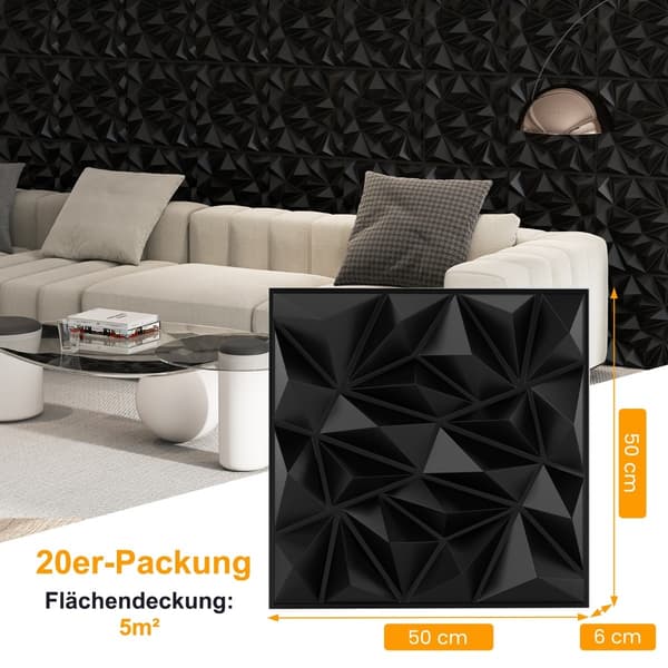 3D-vægpaneler, diamantmønster, sort, 10 m² dækning