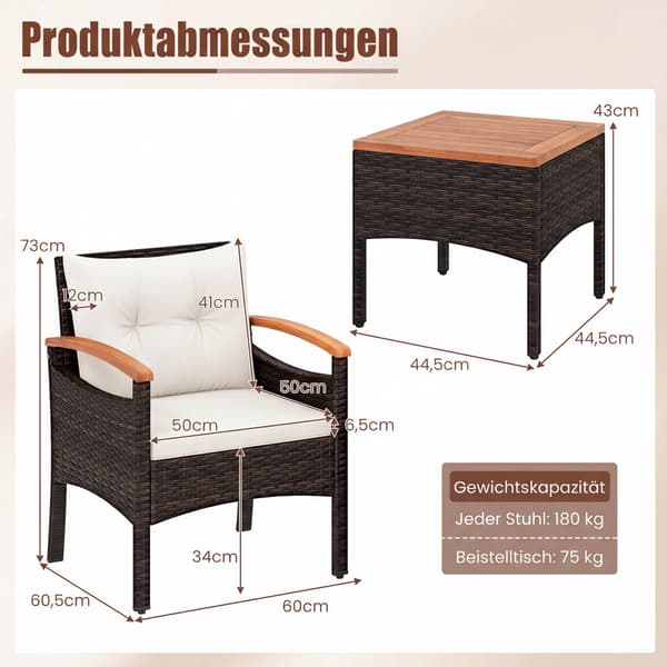 3-delt rotting terrassemøbelsett med puter og sidebord