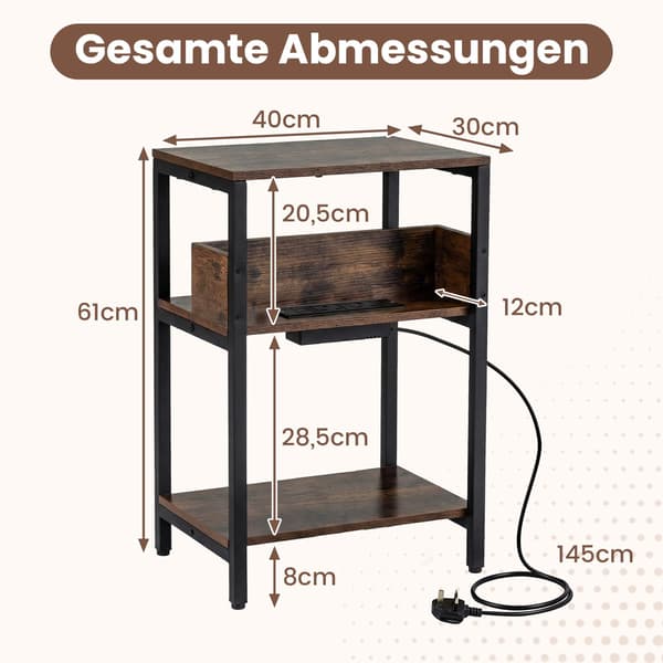 Sidebord med ladestation, 3-lags, rustik brun