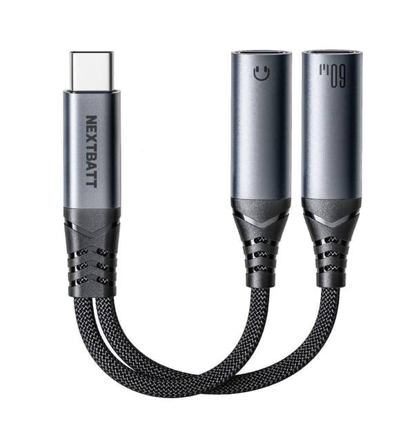NEXTBATT 2-i-1 lydadapter USB-C til dobbelt USB-C-kabel - sort