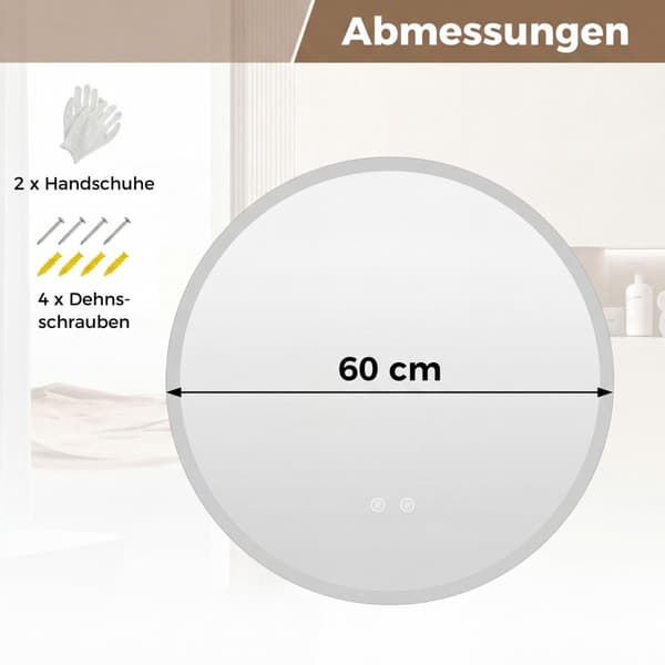 Rund LED-badrumsspegel, 3 ljusfärger, imfri, Ø60 cm