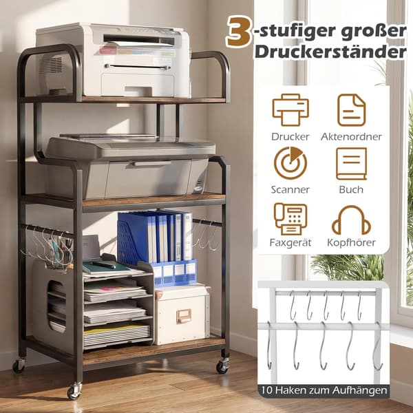 3-lags printerstativ med hjul og kroge, brun