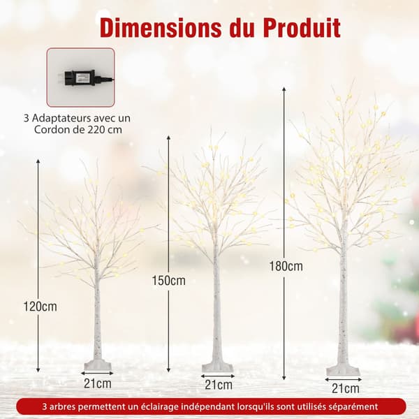 Förbelyst björkträdsset, 3-pack 120–180 cm, varma LED-lampor